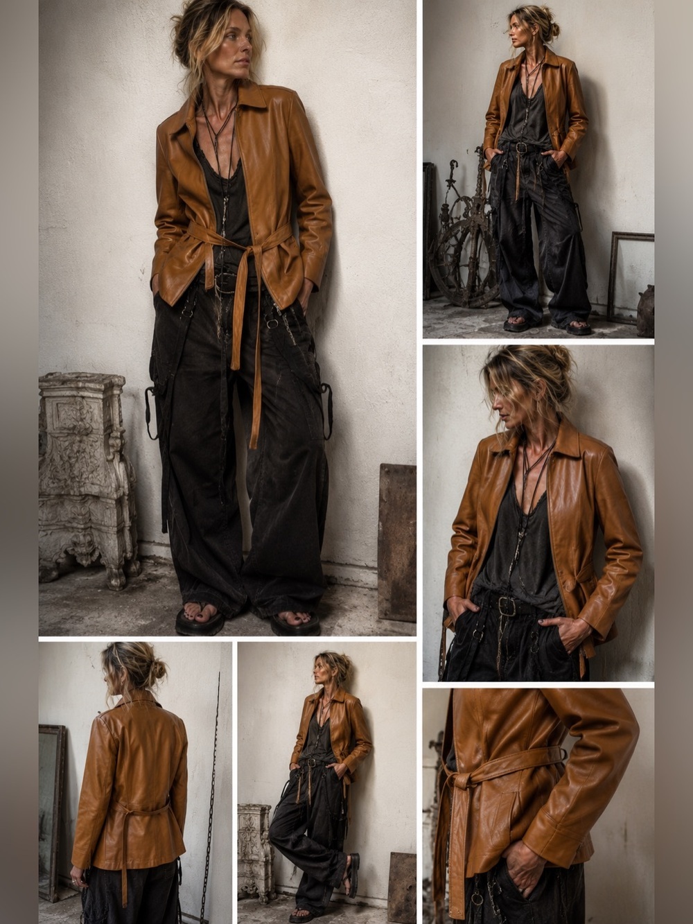 Nero Chiaro Made in Italy Camel Leather Belted Jacket Coat Women’s 40 Vintage xl